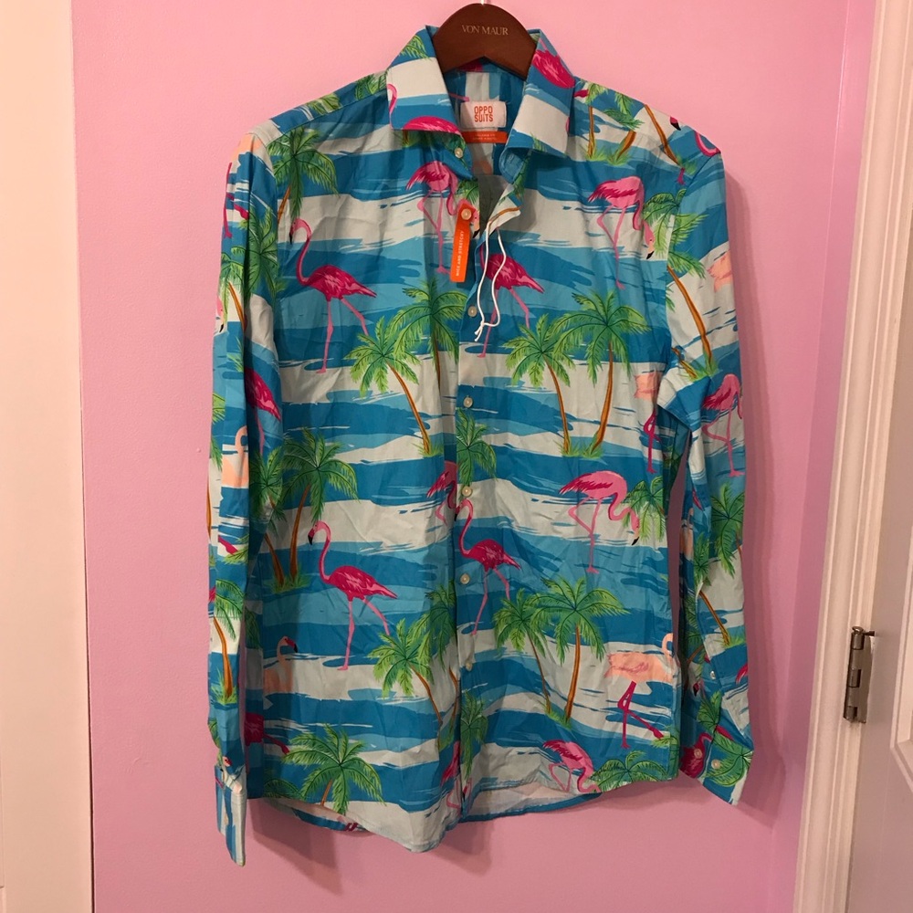 OppoSuits tropical Flamingo Long Sleeve Button Down tailored fit Shirt medium